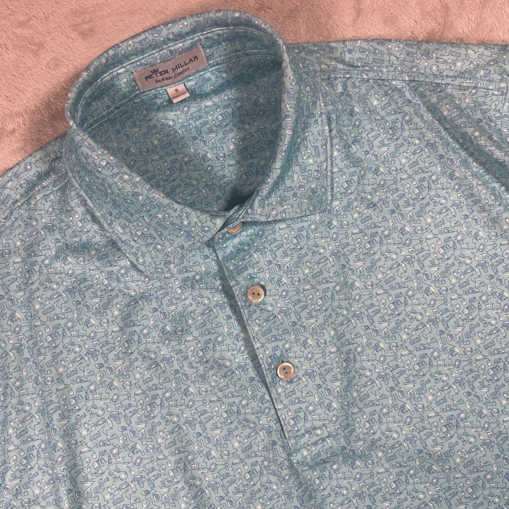 Peter Millar Polo Summer Comfort Mens Small Blue Novelty Plumbing Print Stretch
